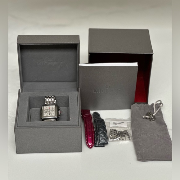 MICHELE Deco Diamond Chronograph Bracelet Watch with 3 straps, 33mm - Picture 13 of 16